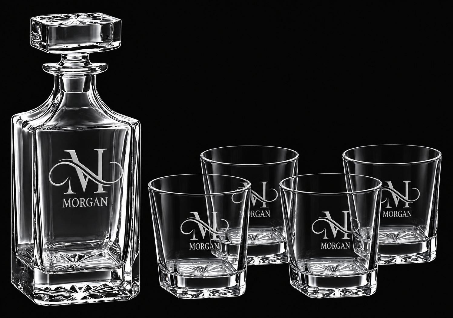 750 mL Square Glass Decanter Set with Four 11 oz. Rocks Glasses in Black Gift Box with Printed Paper Sleeve — catalog reference 743