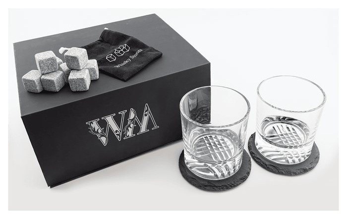 Lazerburst Whiskey Set with Two 9 oz. Glasses, Two 4" Slate Coasters, and Eight Granite Whiskey Stones with Black Velvet Bag — catalog reference 791