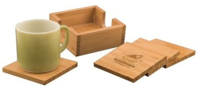 4.75 x 4.75 x 2 in. Four-Coaster Bamboo Set with Holder — catalog reference 1041
