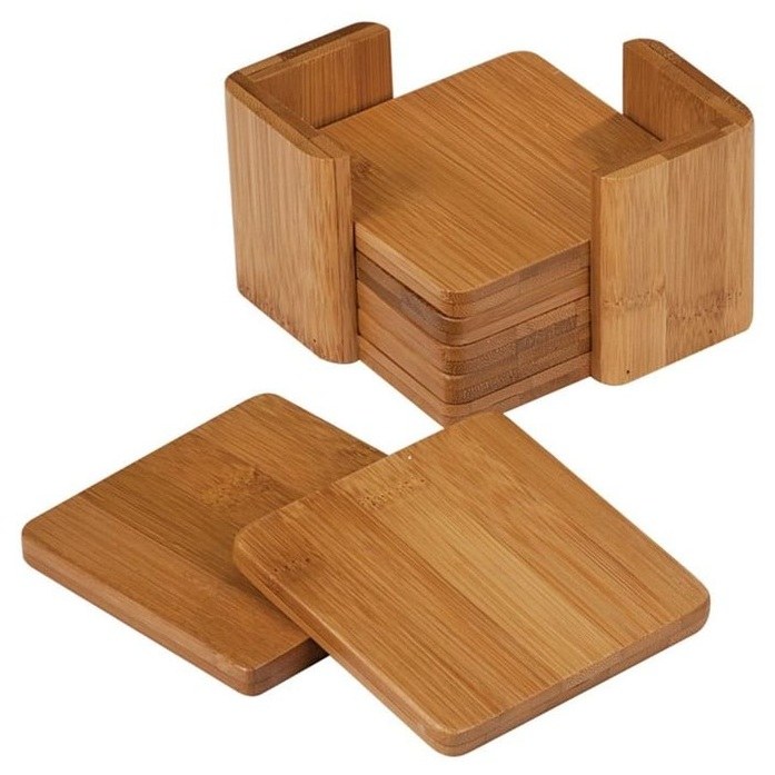 3.75 x 3.75 x .3125 in. Six-Square-Coaster Bamboo Set with Holder — catalog reference 1042