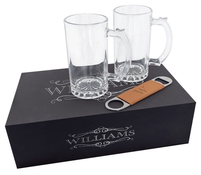 Lazerburst Beer Set with Two 14 oz. Mugs and One Rawhide Leatherette Bottle Opener — catalog reference 739
