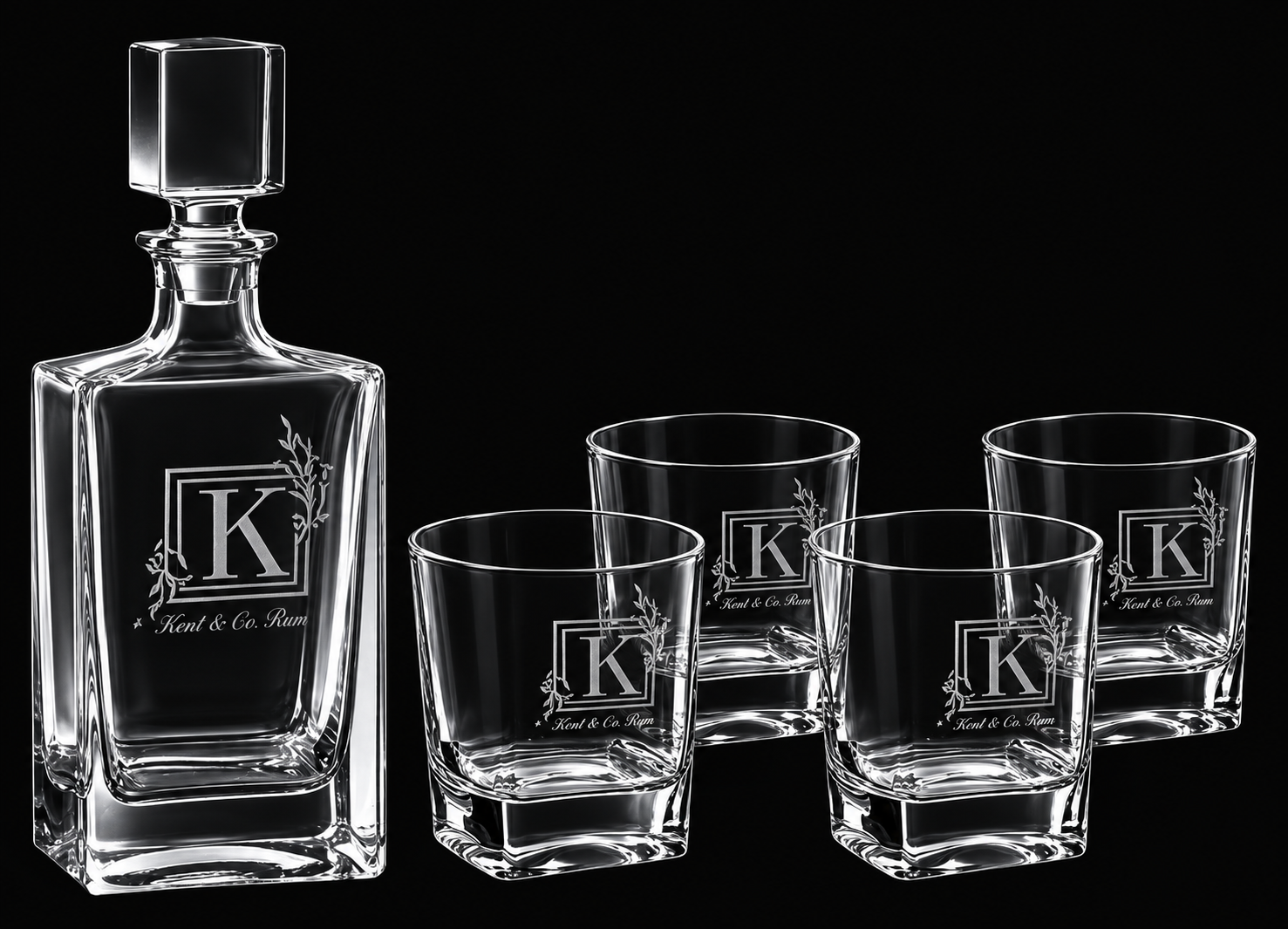 810 mL Rectangle Glass Decanter Set with Four 8 oz. Rocks Glasses in Black Gift Box with Printed Paper Sleeve — catalog reference 744