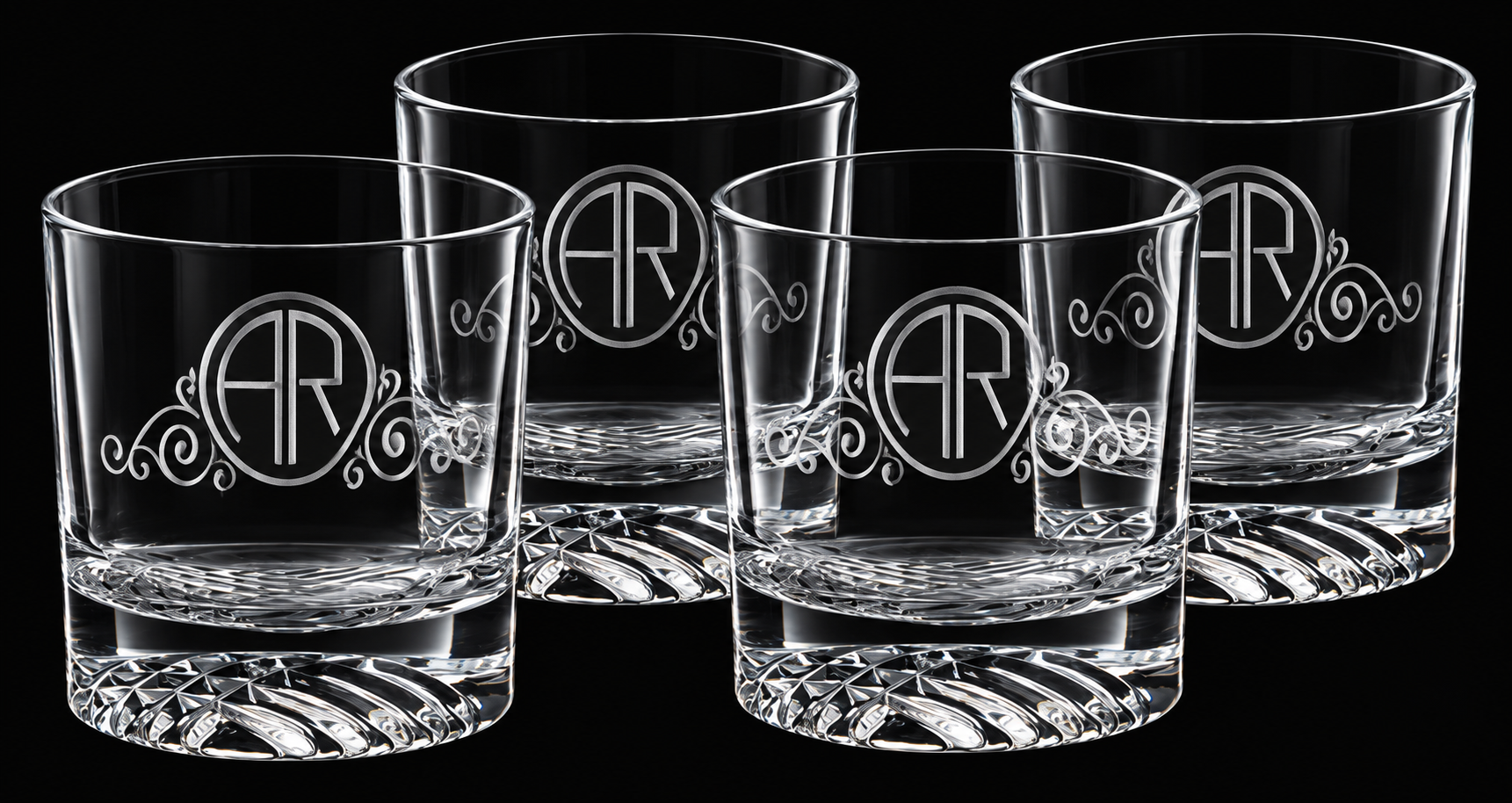 Four 9 oz. Round Rocks Glasses in Black Gift Box with Printed Paper Sleeve — catalog reference 748
