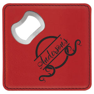4 x 4 in. Red Leatherette Bottle Opener Coasters — catalog reference 1852