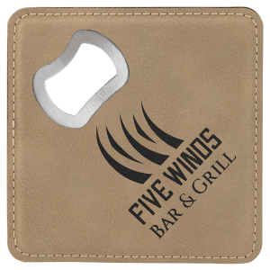 4 x 4 in. Light Brown Leatherette Bottle Opener Coasters — catalog reference 1844