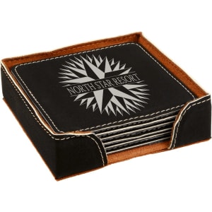 4 x 4 in. Square Black / Silver Leatherette Six-Coaster Sets — catalog reference 1912