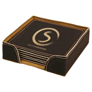 4 x 4 in. Square Black / Gold Leatherette Six-Coaster Sets — catalog reference 1915