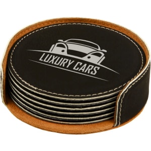 4 in. Round Black / Silver Leatherette Six-Coaster Sets — catalog reference 1920