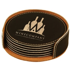 4 in. Round Black / Gold Leatherette Six-Coaster Sets — catalog reference 1918
