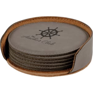 4 in. Round Gray Leatherette Six-Coaster Sets — catalog reference 1919