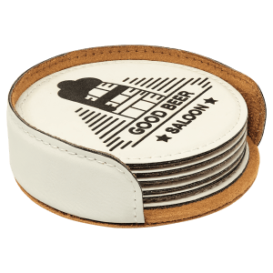 4 in. Round White Leatherette Six-Coaster Sets — catalog reference 1921