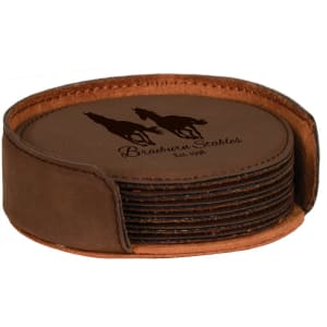 4 in. Round Dark Brown Leatherette Six-Coaster Sets — catalog reference 1923