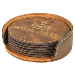4 in. Round Rustic / Gold Leatherette Six-Coaster Sets — catalog reference 1924