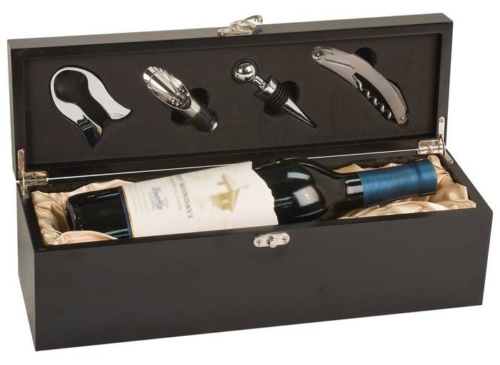 14.25 x 4.25 x 4.625 in. Matte Black Wine Presentation Box with Tools — catalog reference 1055