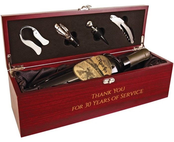 14.25 x 4.5 x 4.75 in. Rosewood-Finish Wine Presentation Box with Tools and Black Lining — catalog reference 1054
