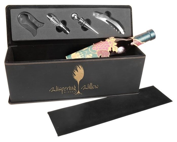 14 x 4.25 x 4.5 in. Leatherette Wine Box with Tools black/gold — catalog reference 1057