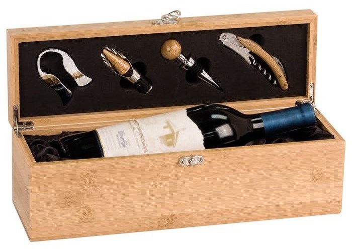 14.25 x 4.25 x 4.75 in. Solid Bamboo Wine Presentation Box with Tools — catalog reference 1056