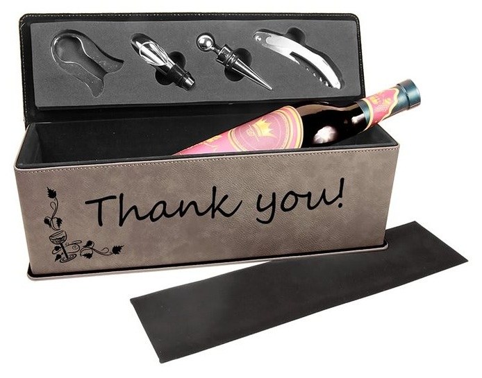 14 x 4.25 x 4.5 in. Leatherette Wine Box with Tools gray/black — catalog reference 1059