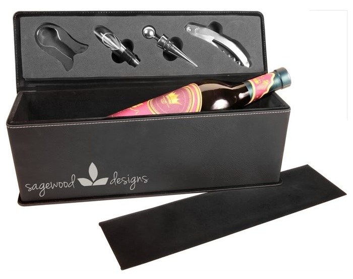 14 x 4.25 x 4.5 in. Leatherette Wine Box with Tools black/silver — catalog reference 1060