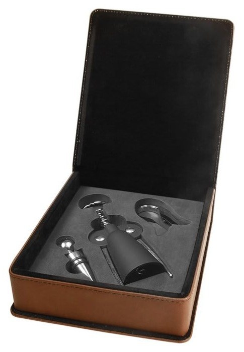 6.625 x 7.375 in. Three-Piece Leatherette Wine Tool Set dark brown/black — catalog reference 1062