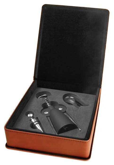 6.625 x 7.375 in. Three-Piece Leatherette Wine Tool Set rawhide/black — catalog reference 1063