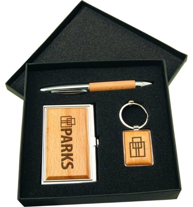Silver/Wood Finish Gift Set with Business Card Case, Pen & Keychain — catalog reference 821