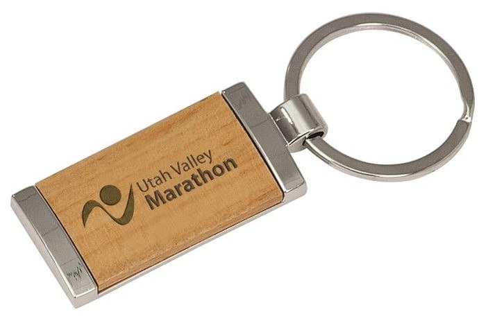 7/8" x 1 7/8" Silver/Wood Rectangle Keychain — catalog reference 816
