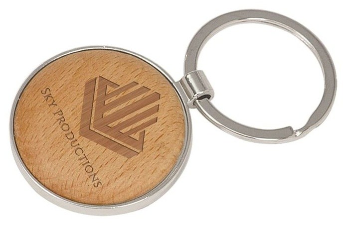 1 5/8" Silver/Wood Round Keychain — catalog reference 819