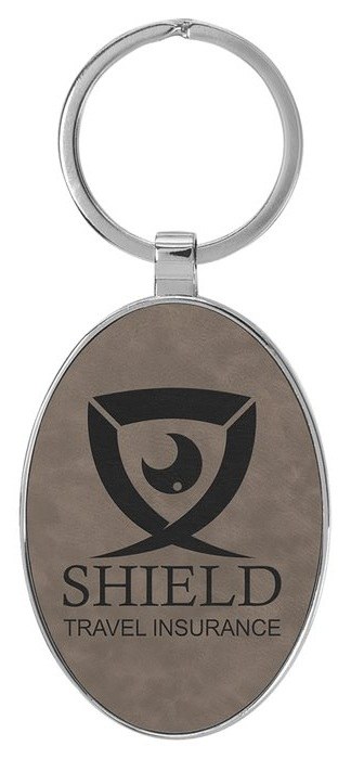 3" x 1 3/4" Leatherette/Metal Gray Oval Keychain — catalog reference 829