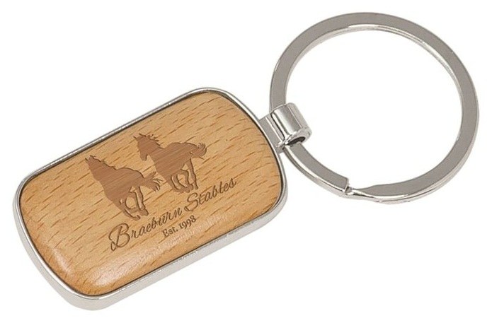 1" x 1 3/4" Silver/Wood Rounded Corner Rectangle Keychain — catalog reference 817
