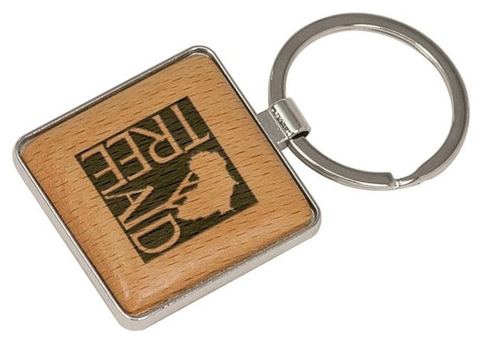 1 9/16" x 1 9/16" Silver/Wood Square Keychain — catalog reference 820