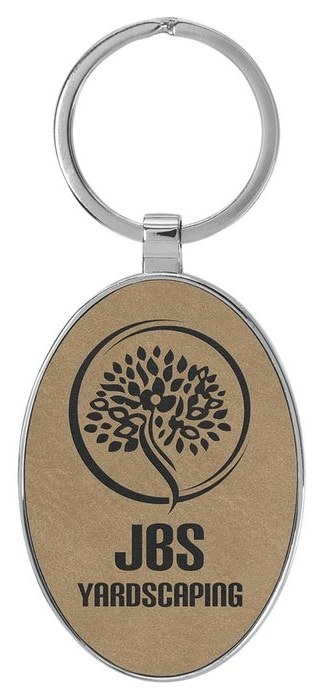3" x 1 3/4" Leatherette/Metal Light Brown Oval Keychain — catalog reference 825