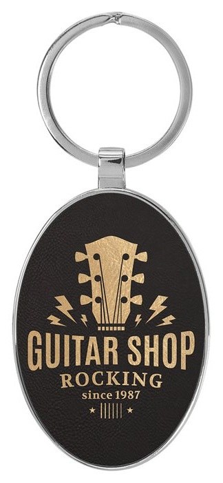 3 x 1.75 in. Oval Metal-Frame Leatherette Keychain - black/gold — catalog reference 827