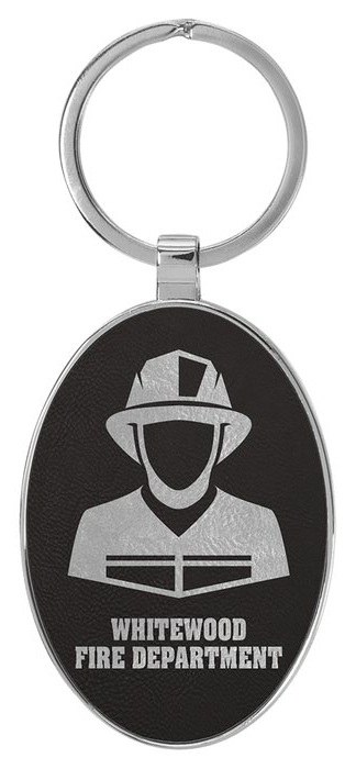 3" x 1 3/4" Leatherette/Metal Black/Silver Oval Keychain — catalog reference 831
