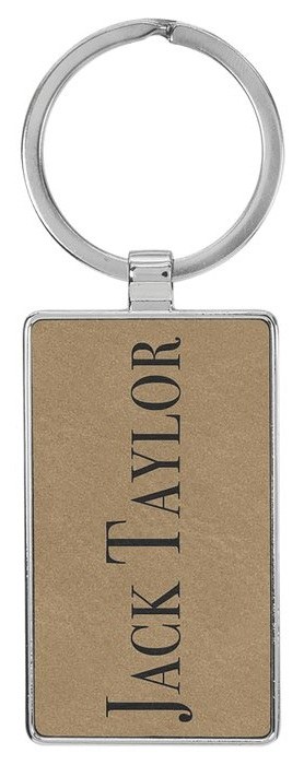 2 3/4" x 1 1/4" Leatherette/Metal Light Brown Rectangle Keychain — catalog reference 839
