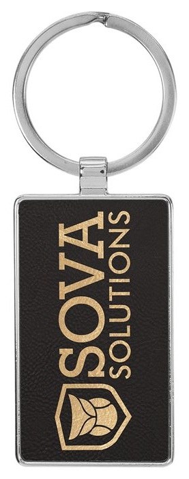 2 3/4" x 1 1/4" Leatherette/Metal Black/Gold Rectangle Keychain — catalog reference 841