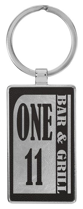 2 3/4" x 1 1/4" Leatherette/Metal Black/Silver Rectangle Keychain — catalog reference 845