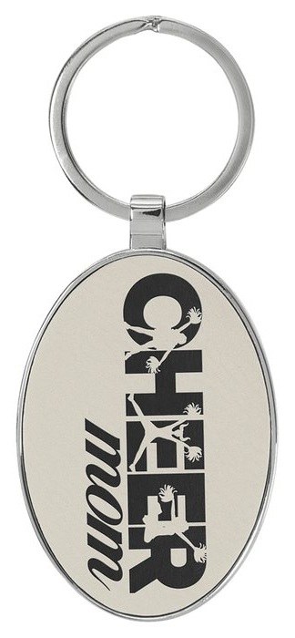 3 x 1.75 in. Oval Metal-Frame Leatherette Keychain - white/black — catalog reference 837