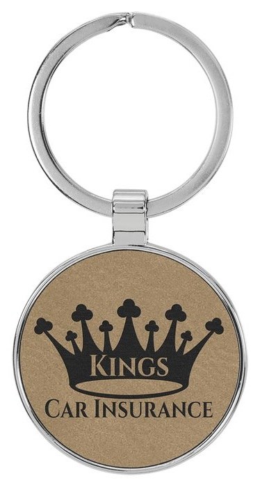 1.5 in. Circle Metal-Frame Leatherette Keychain - light brown/black — catalog reference 853