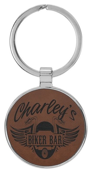 1.5 in. Circle Metal-Frame Leatherette Keychain - dark brown/black — catalog reference 854