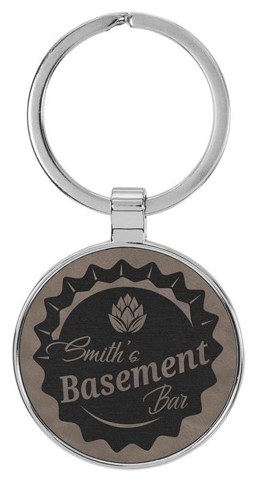 1.5 in. Circle Metal-Frame Leatherette Keychain - gray/black — catalog reference 857