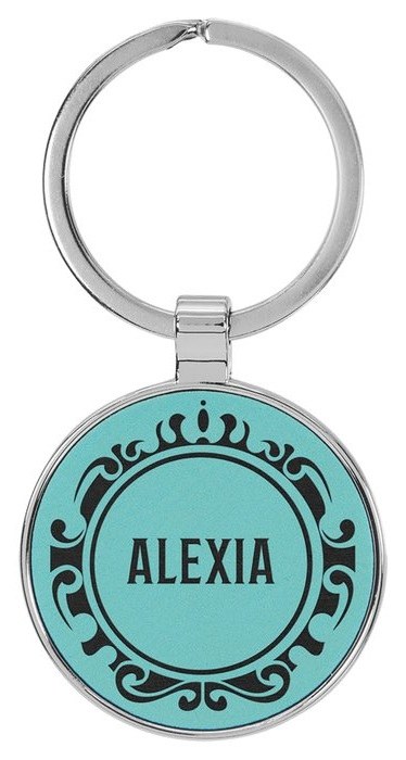 1.5 in. Circle Metal-Frame Leatherette Keychain - teal/black — catalog reference 861