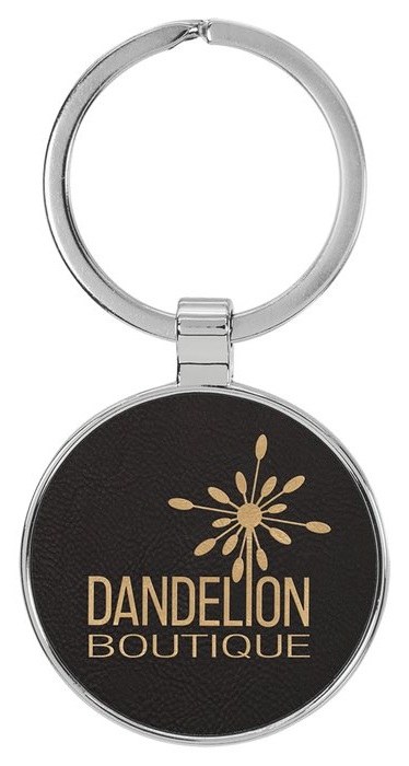 1.5 in. Circle Metal-Frame Leatherette Keychain - black/gold — catalog reference 855