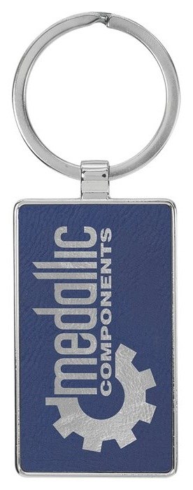 2 3/4" x 1 1/4" Leatherette/Metal Blue/Silver Rectangle Keychain — catalog reference 848