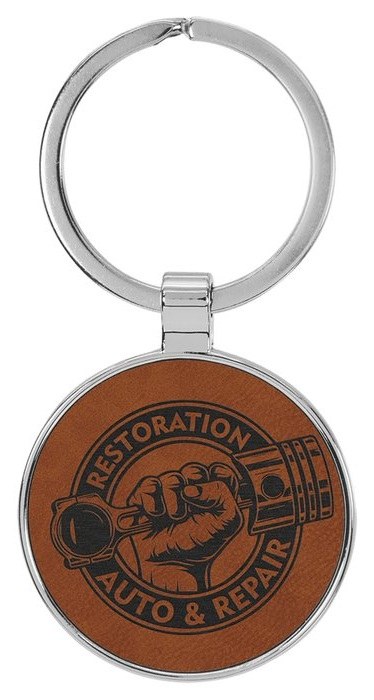1.5 in. Circle Metal-Frame Leatherette Keychain - rawhide/black — catalog reference 856