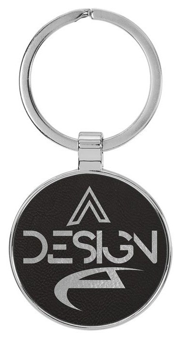 1.5 in. Circle Metal-Frame Leatherette Keychain - black/silver — catalog reference 859