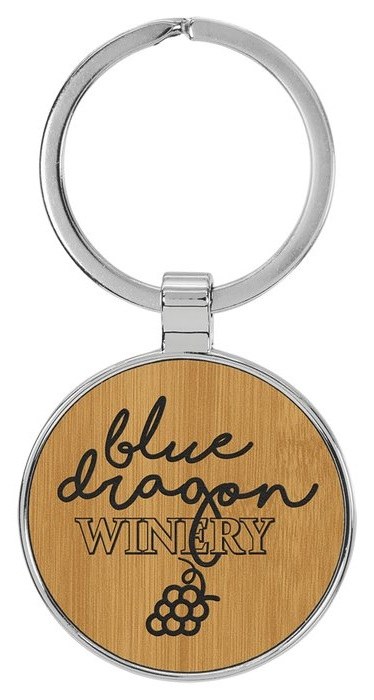 1.5 in. Circle Metal-Frame Leatherette Keychain - bamboo/black — catalog reference 863