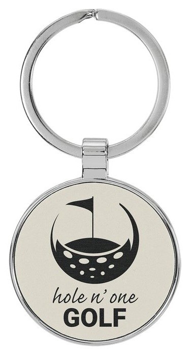 1.5 in. Circle Metal-Frame Leatherette Keychain - white/black — catalog reference 865