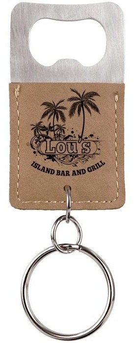 2.75 x 1.5 in. Rectangle Leatherette Bottle Opener Keychain light brown/black — catalog reference 867