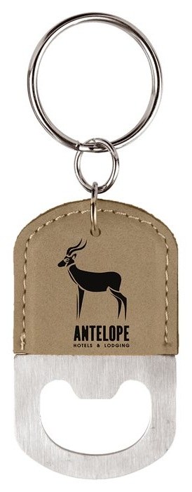 2.5 x 1.5 in. Oval Leatherette Bottle Opener Keychain light brown/black — catalog reference 874